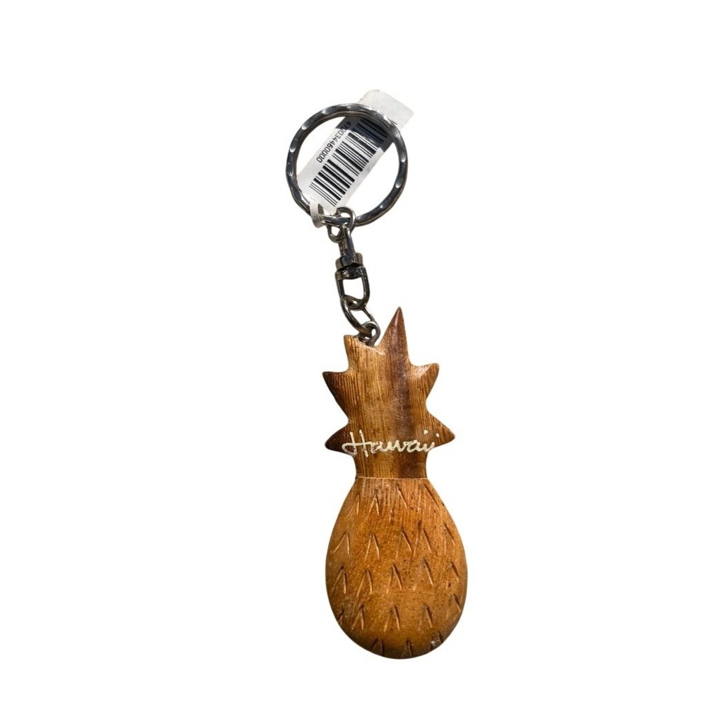 Hawaii Wooden Pineapple Keychain Tropical Souvenir Hand Carved Wood Key Ring